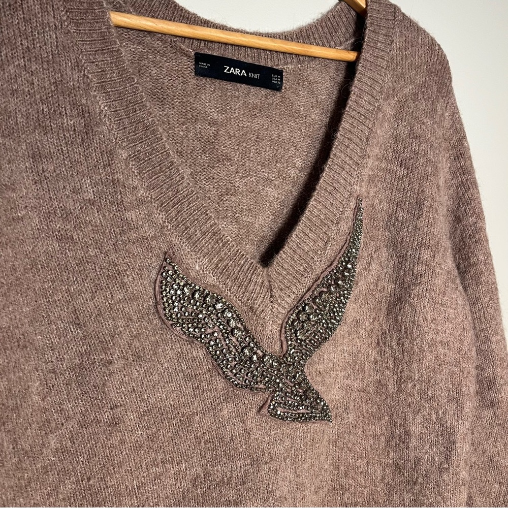 Zara Alpaca Blend Pink Diamanté Beaded Sparkle V Neck Sweater Medium - Picture 4 of 6